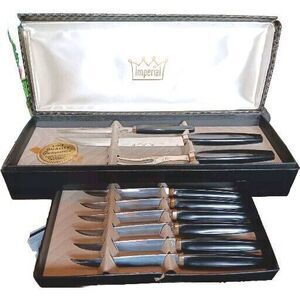 Vintage 1950 MCM Imperial Stainless 6 Carving Steak Knives & Meat Fork Set of 9